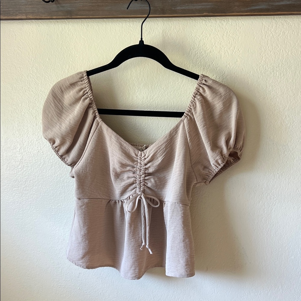 Women's sand colored Puff-Sleeve Drawstring Peplum Top